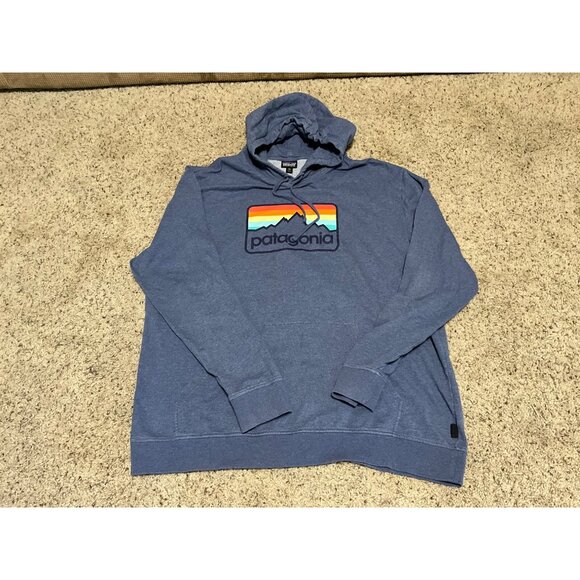 Patagonia Mens Blue Hoodie Size XXL With Rainbow Mountain Logo Graphic - Picture 6 of 13